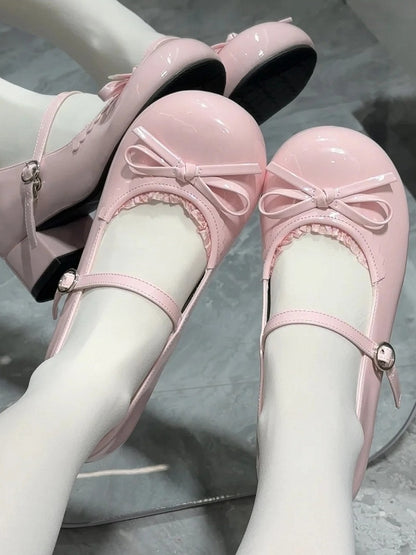 Bow Trim Pink Jane Round - Knotted Top Shoes Sweet Lace Lolita Low-heel Toe Mary