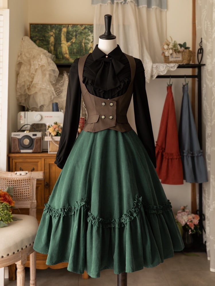 Dark Green Flounce Hem Lolita Midi Length Skirt