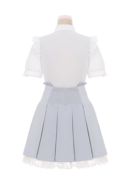 Accents Trim Jirai Light Blue Box Pleat Skirt Lace Ruffled Rhinestone Kei