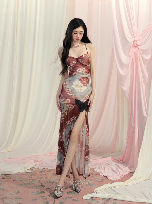 Skirt Rust Red Chiffon Halter Floral Slip Dress Slit Side Mermaid Backless Neck