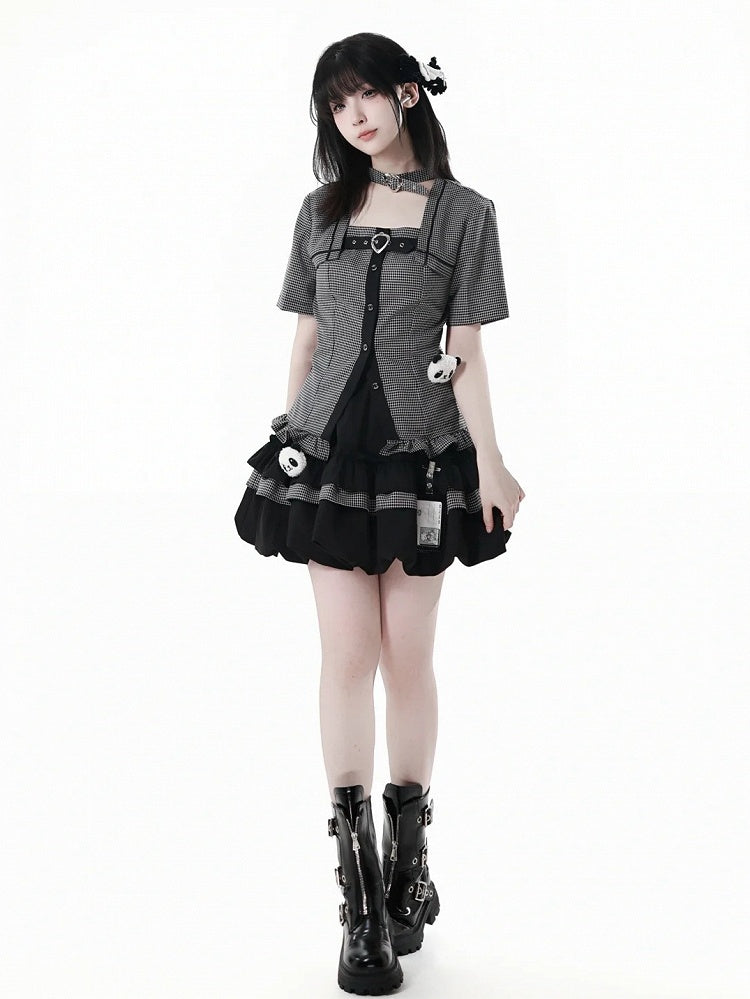 Choker Design Ruffled Hem Plaid Blouse Black Criss-cross All-in-one and