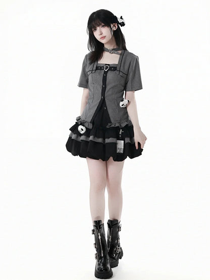 Choker Design Ruffled Hem Plaid Blouse Black Criss-cross All-in-one and