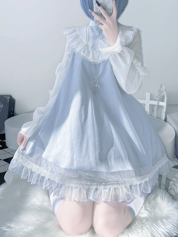 Jirai Kei Light Blue Lace Patch Shoulders Landmine Style Lace Trimmed Long Sleeve Dress