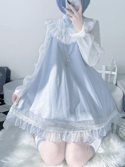 Jirai Kei Light Blue Lace Patch Shoulders Landmine Style Lace Trimmed Long Sleeve Dress