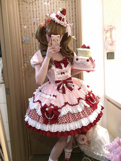 Robe Lolita Sweet Lolita à jupe à volants décorée de nœuds papillons roses et rouges