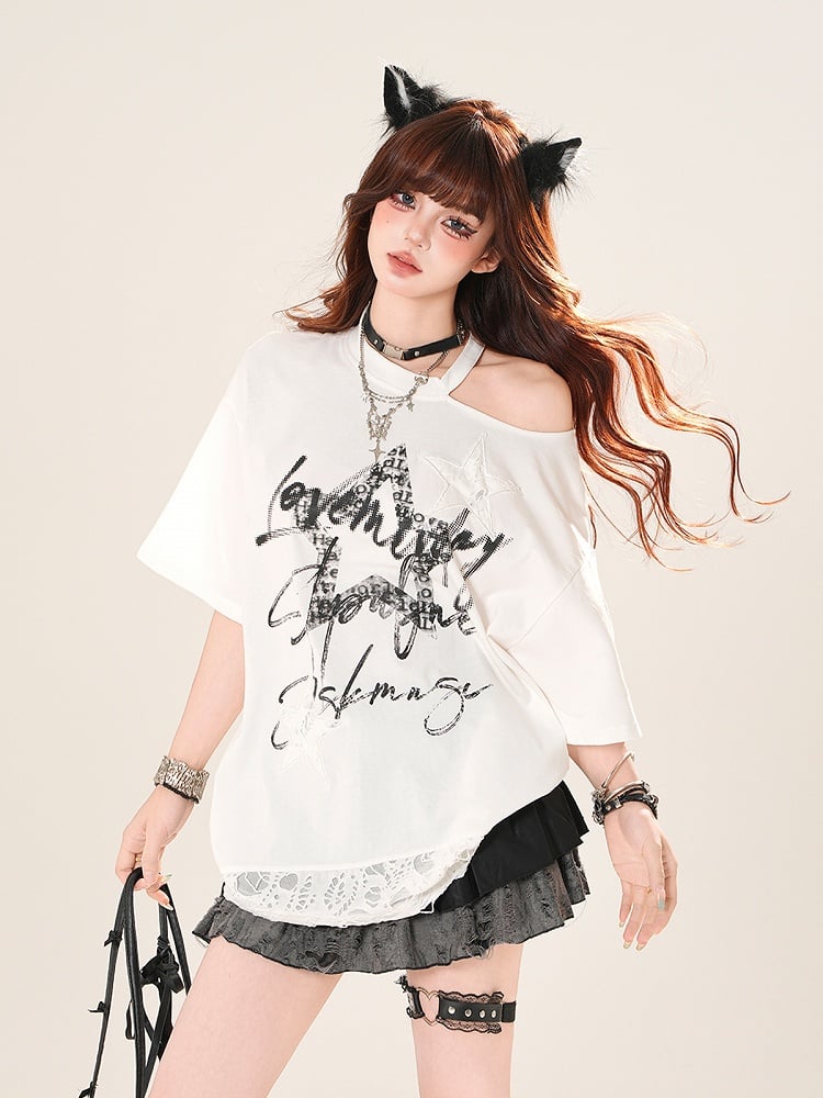 Cutout Shoulder Distressed Holes Hem Graphic T-Shirt Black/White