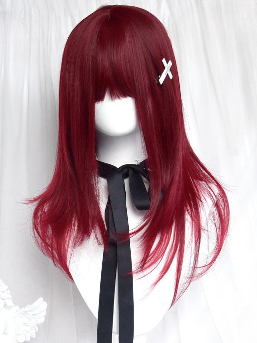 Dark Red Above Bust Length Straight Wig With Full Bangs