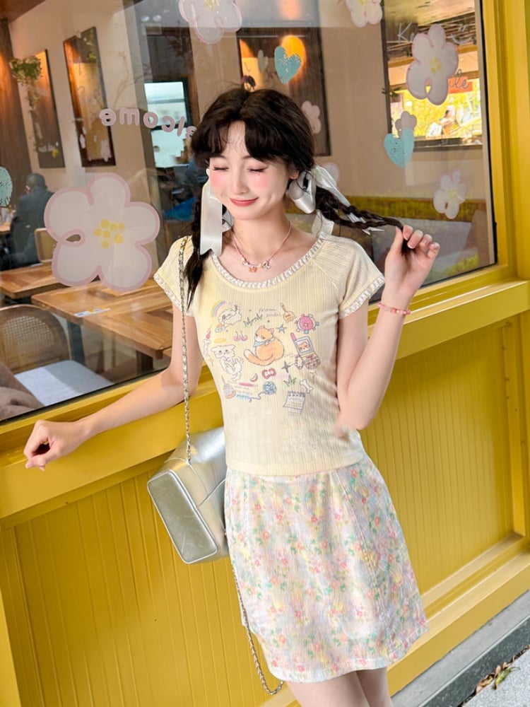 Oil Painting Floral Print Colorful Skirt A-line