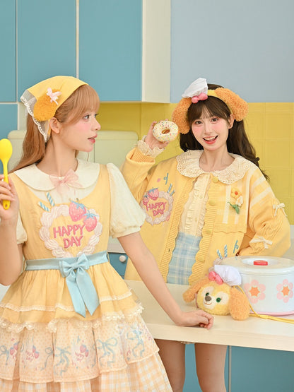 Strawberry Cake Embroidery Bow Creamy Yellow Tiered Lolita Dress Sweet Skirt Big