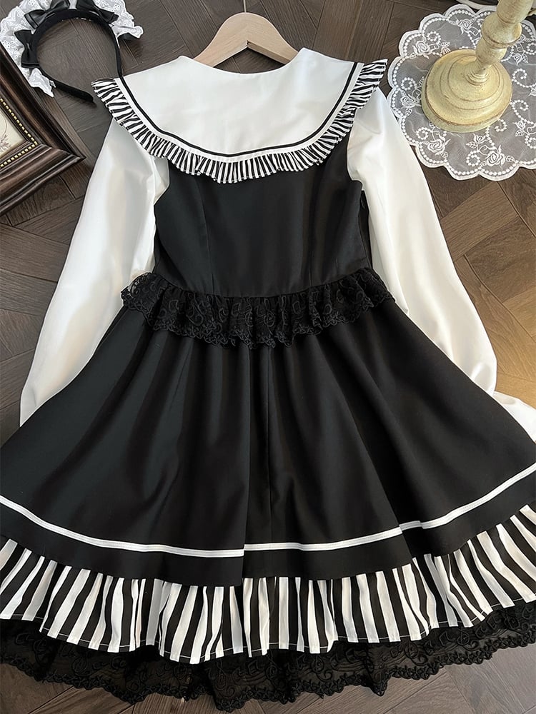 Black Jirai Kei Sailor Collor Blouse High Waist Lace Trim Overall Dress Set