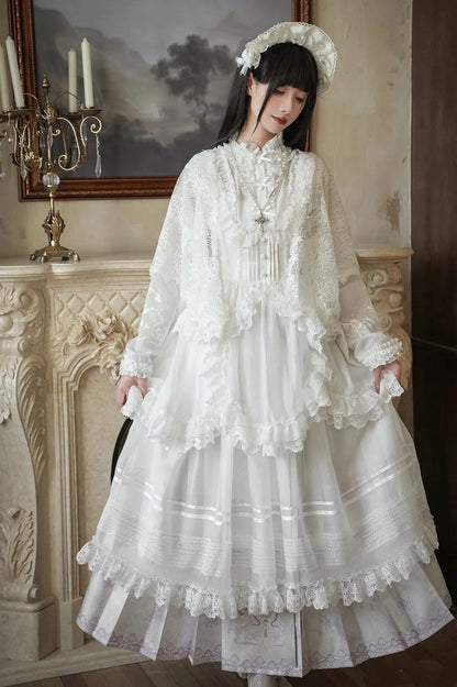 Long Skirt Floral Sleeves Purple + Lolita Print Han Horse-face and Light Blouse White Set Full Snake