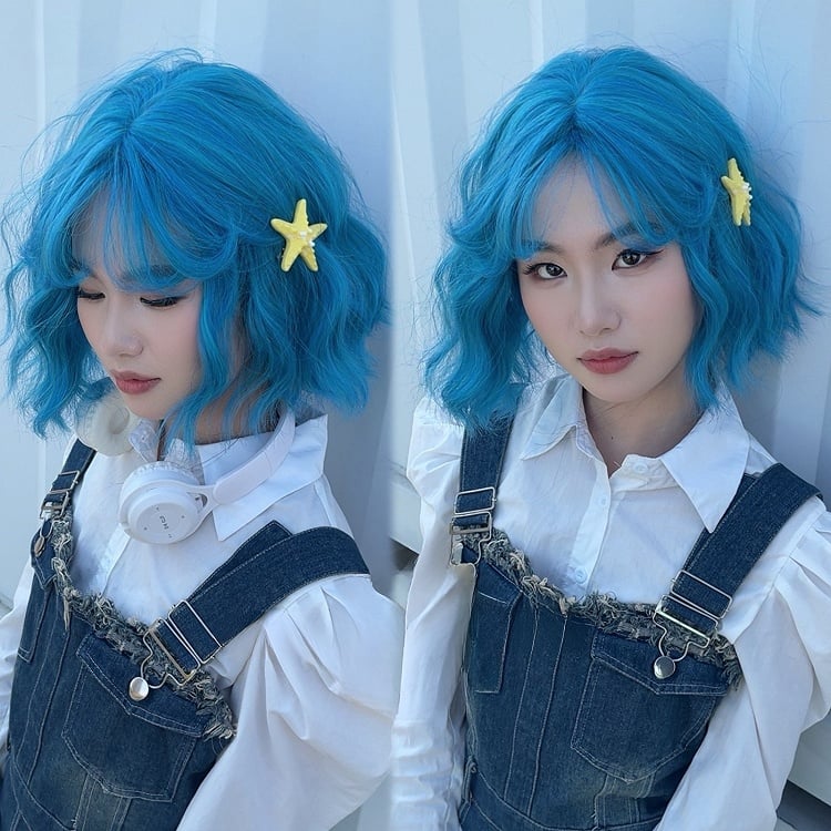 Blue 33CM Bangs With Wig Wavy Length