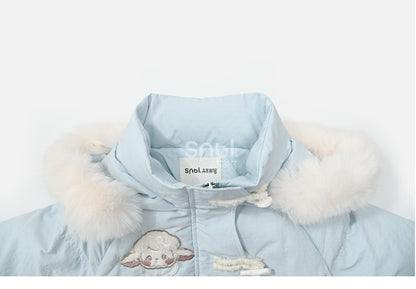 Blue Cute Lamb Applique Bowknot Details Hooded Down Coat Short Version