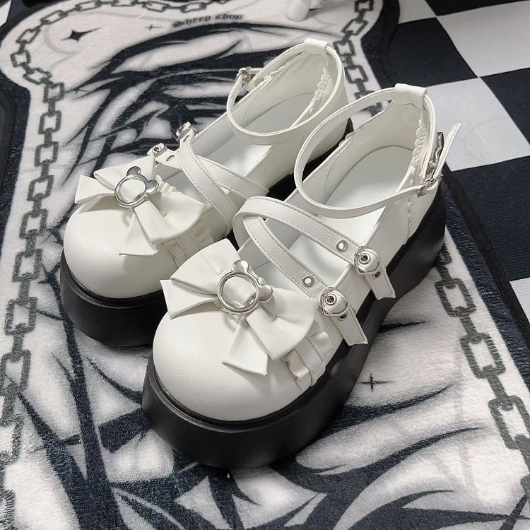 Y2K Matte White Bear Bowknot Buckle Strap Punk Platform Shoes