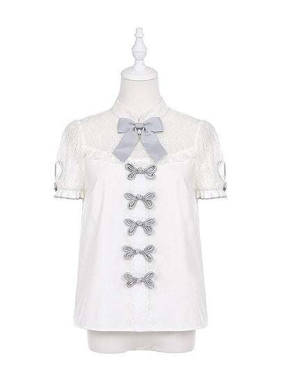 Illusion Details White Grey Bowknot Jirai Kei Neckline  Blouse