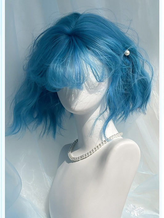 Blue 33CM Bangs With Wig Wavy Length