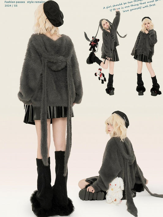 Dark Grey Lace-up Detail Bunny Ears Fluffy Hooded Cardigan