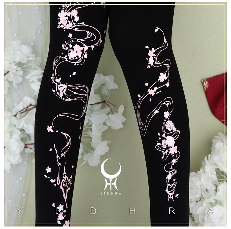 Black Sakura Print Wa Lolita  Tights