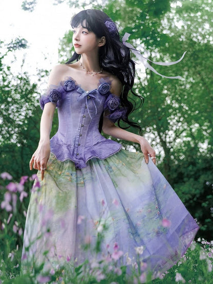 Boned Corset Top with Detachable Floral Adornments Purple Flounce Hem