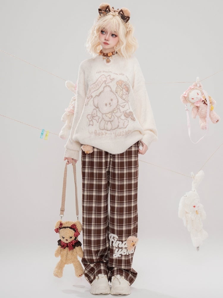 Cute Bear Adorned Camel Plaid Straight-leg Cut Pants