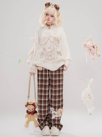 Cute Bear Adorned Camel Plaid Straight-leg Cut Pants