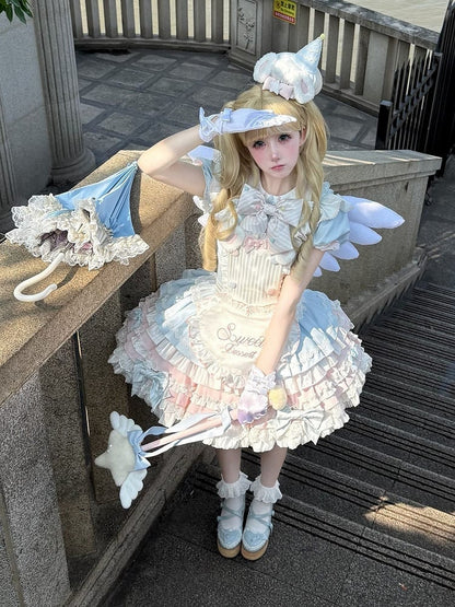 Lolita Blue Bunny Pink Maid and Puff Theme Sleeves Dress Sweet