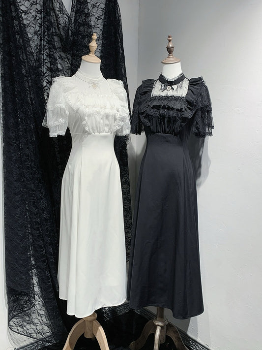 Jirai Kei Black/White Illusion Waist Neckline Ruffled High Lace Dress Trim