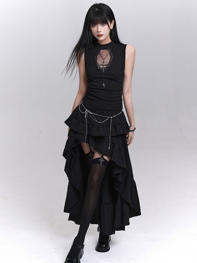 Necklace Tank Top Cross Coffin-Shaped Cutout Black with Studded Free