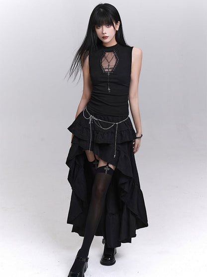 Necklace Tank Top Cross Coffin-Shaped Cutout Black with Studded Free