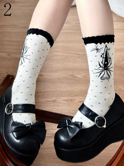 Polka-dot Sword Calf Black Pattern Spider Lolita Socks