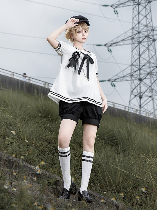 Shorts Sleeves Short Black and Sailor White Collar Shirt