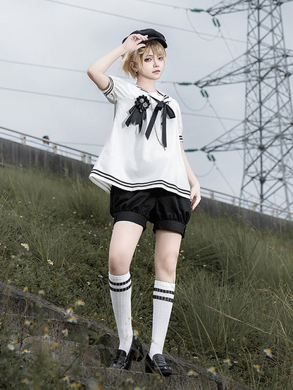 Shorts Sleeves Short Black and Sailor White Collar Shirt