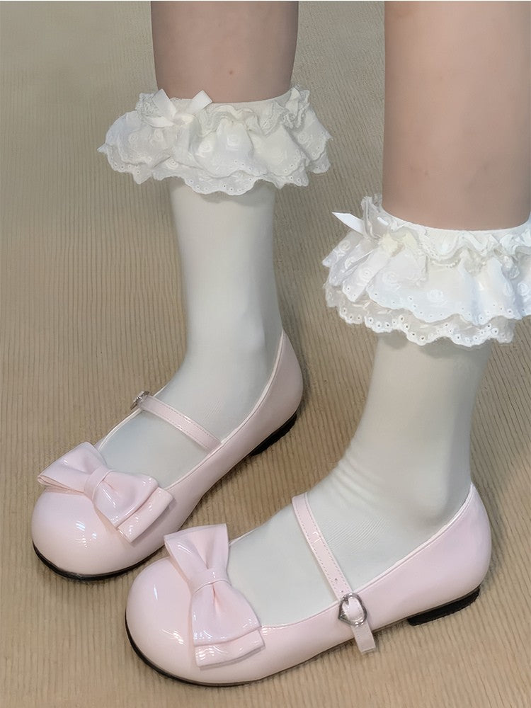 Toe Top Bow PU Janes Buckle Pink Sweet Flat - with Mary Round Lolita Heart