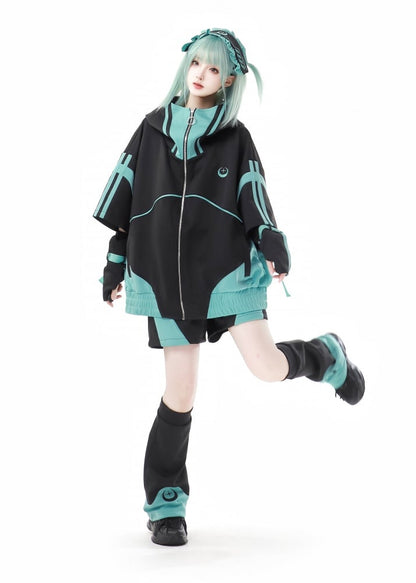 Black&Green Colorblock Design Zip Hoodie Jirai Kei Sweatshirt