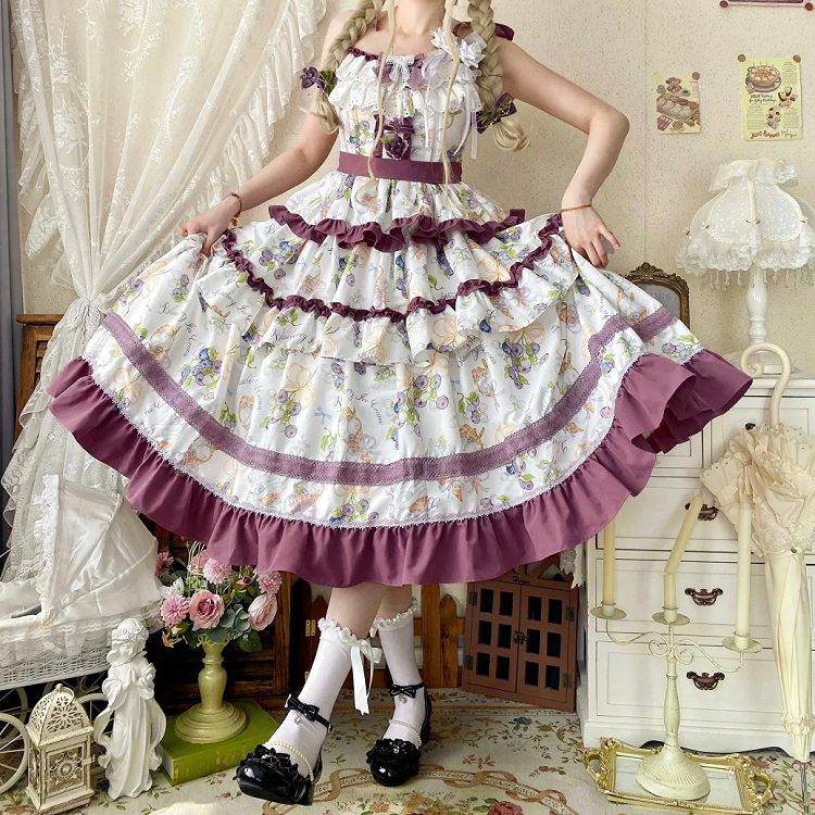 Lolita Ruffle and Ice Cream Purple Skirt Tiered Blueberry Dress Print Trimming