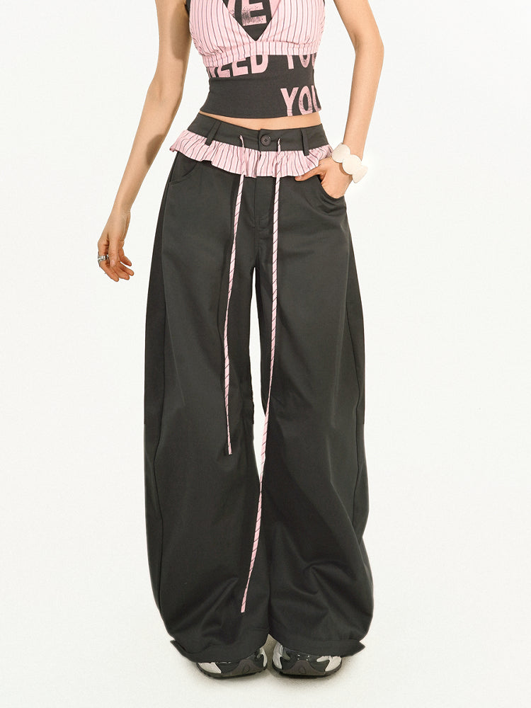 Two-piece Trim Wide-Leg Pants with Pink-Black Striped Black Faux Ruffle