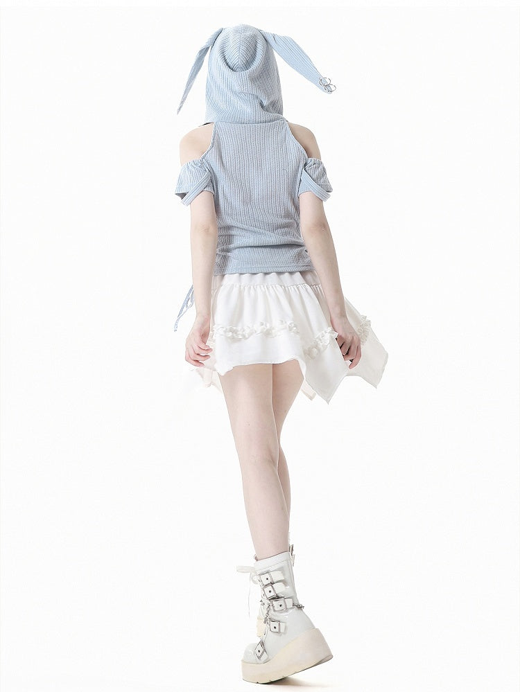 Blue Lace-up Hood T-Shirt Light Drawstring Waist Bunny Ear Design Neckline