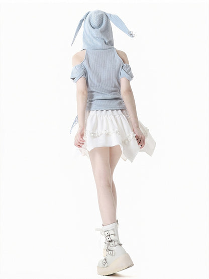 Blue Lace-up Hood T-Shirt Light Drawstring Waist Bunny Ear Design Neckline