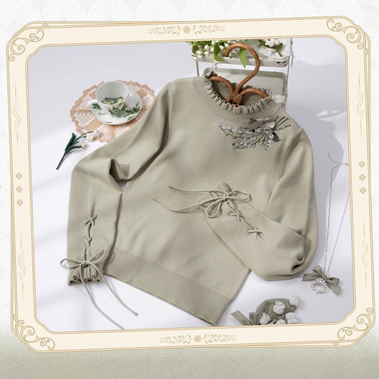 Lace-up Autumn Cuffs the Knit Lily Valley Green of Embroidery Top