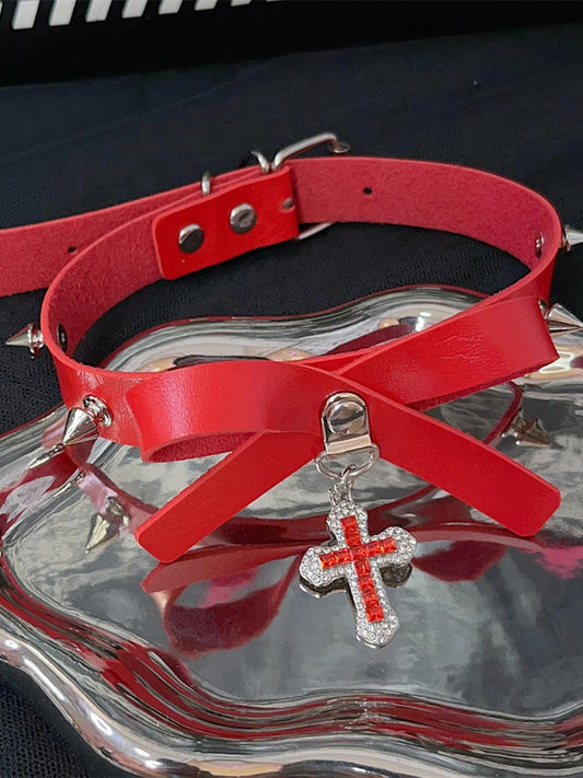 Red Bowknot Detail Punk Choker with Cross Pendant