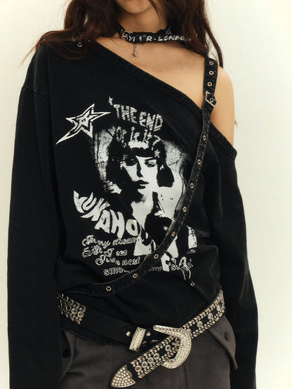 Cutout Shoulder Top Y2K Punk Black Asymmetrical