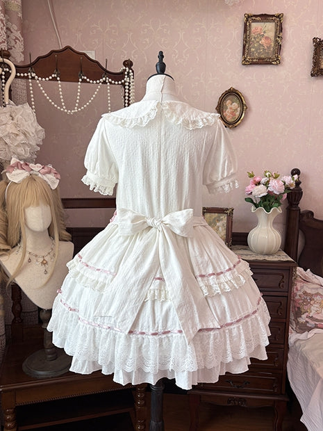 Hime Pink and Peter Pan Collar Tiered Skirt Balletcore Lolita Dress White OP