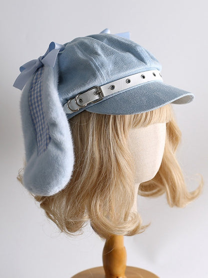 Blue/Black Sweet Buckle Straps Plaid Pattern Bunny Ears Beret