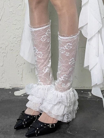 White Pattern Semi-sheer Seeves Floral Ruffle Trims Y2K Leg