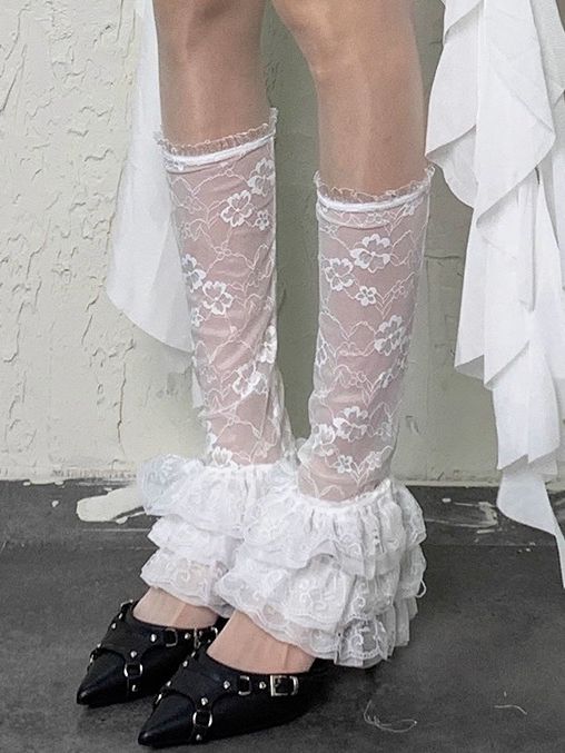 White Pattern Semi-sheer Seeves Floral Ruffle Trims Y2K Leg
