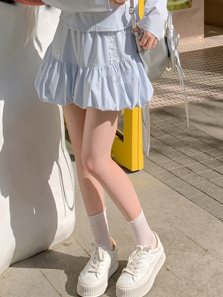 Light Blue Elastic Waist Sweet Bubble Skirt
