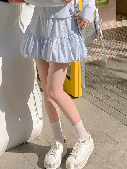 Light Blue Elastic Waist Sweet Bubble Skirt