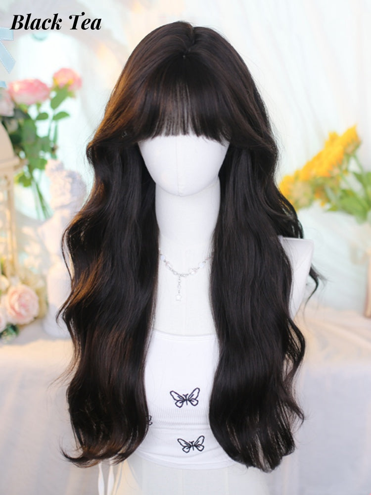Black Tea/Brown Under Bust Length Wavy Wig with Air Bangs