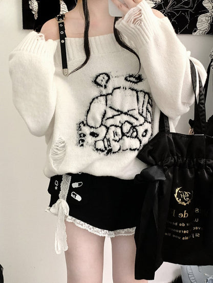 Jirai Kei Grey Angel Puppy Graphic Distressed Holes Landmine Loose Sweater