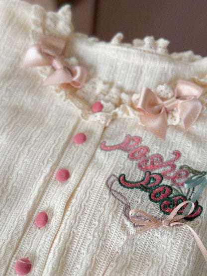 Creamy Embroidery Detail Long Sleeves Knitted Top